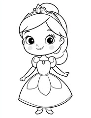  Cute cartoon princess, a simple coloring page for kids with crisp lines and a white background