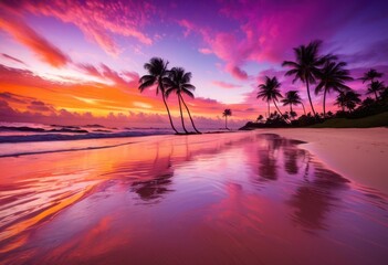 vibrant coastal landscape featuring stunning sunset silhouetted palm trees colorful sky, beach, coastline, nature, water, clouds, evening, tropical, scenery