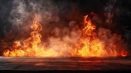 Fire flames isolated on wooden table and black wall background, copy space for products and montage objects display.
