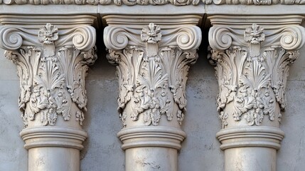 Decorative Greek columns from ancient Roman architecture. Corinthian pillars or wall ornaments in antiqued style. Carved marble construction decor. Stone parts of historical buildings.