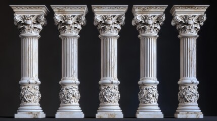 Obraz premium Decorative Greek columns from ancient Roman architecture. Corinthian pillars or wall ornaments in antiqued style. Carved marble construction decor. Stone parts of historical buildings.