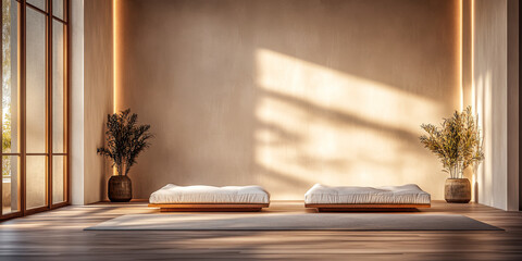 Serene minimalist interior with two futon beds and natural light in a peaceful space