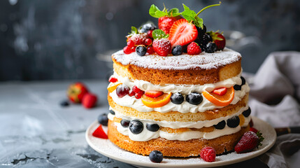 cake with strawberries, Homemade sponge cake with cream and fresh berries. Carrot and orange cake, decorated with berry, sweet dessert, Whole deliciouse cake.