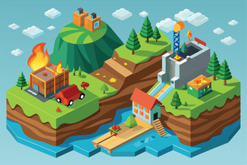 A landscape showcasing resource depletion with factories, fires, and water usage in a vibrant design, Customizable Semi Flat Illustration of Natural Resource Depletion