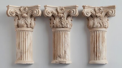 Obraz premium Decorative Greek columns from ancient Roman architecture. Corinthian pillars or wall ornaments in antiqued style. Carved marble construction decor. Stone parts of historical buildings.