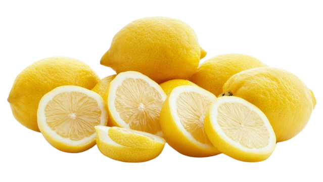 A group of lemons, some whole and some sliced, arranged together on a Tranparent background, PNG file. The bright yellow color pops