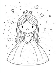 Fototapeta premium Cute cartoon princess coloring page, simple line art drawing with a white background and black lines