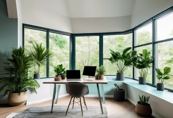 Fototapeta premium serene workspace featuring inviting natural views tranquil surroundings enhanced focus productivity, nature, greenery, office, sunlight, windows, desk