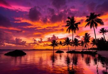 vibrant palm silhouettes framed breathtaking sunset hues purple over tranquil horizon, beach, orange, pink, sky, clouds, nature, landscape, twilight, dusk