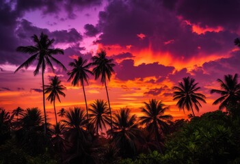 Fototapeta premium tropical palm silhouettes framed vibrant sunset backdrop rich hues purple serene evening sky, beach, beauty, bright, canvas, coastal, colors, exotic, horizon, island