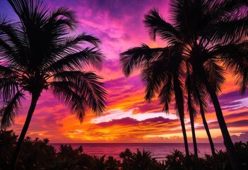 Fototapeta premium vibrant palm silhouette breathtaking sunset scenery rich color gradients dramatic skies, sky, beauty, nature, landscape, evening, clouds, view, outline