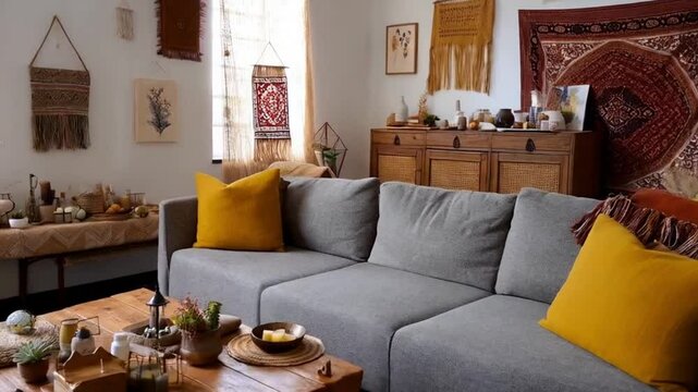 Stylish boho living room interior with a gray sofa, wooden coffee table, commode, and elegant personal accessories. Add honey yellow accents for a warm and inviting atmosphere.