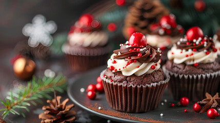 christmas cake with chocolate and nuts, holiday dessert chocolate cupcakes treat.