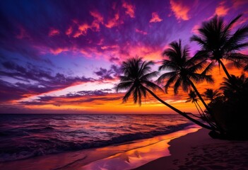 vibrant silhouettes palm trees set breathtaking sunset spectrum colors, horizon, sky, orange, pink, purple, yellow, tropical, evening, landscape, light