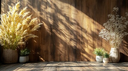 Wooden Wall with Plants, Sunlight, and Empty Floor Space