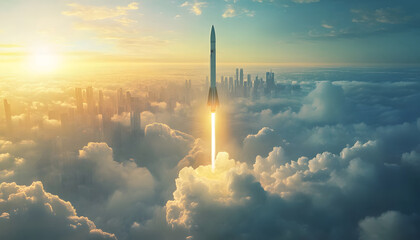 Fototapeta premium Rocket Launch at Dawn - City Skyline with Starry Night design