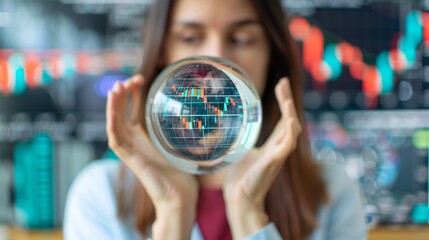 Financial Future Foretold: Anxious Woman in Crystal Ball Surrounded by Plummeting Digital Stock Prices, Symbolizing Market Volatility