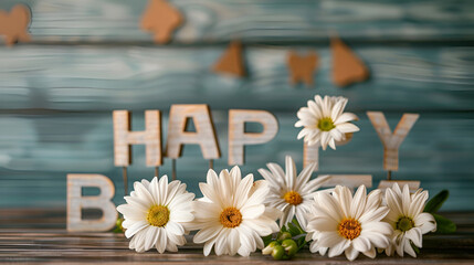 flowers on the wooden background, Happy Birthday written on torn paper, placed on wooden background.