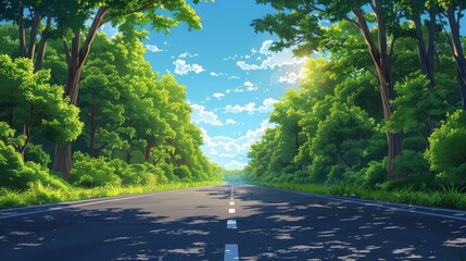Forest road. Highway passing through the green forest. Horizontal vector cartoon illustration. 
