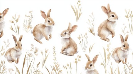 A charming watercolor pattern featuring playful rabbits surrounded by delicate flowers, perfect for spring-themed designs.