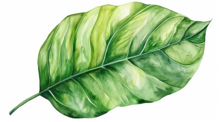 Obraz premium A single, vibrant green leaf with a white background. The leaf has prominent veins and a textured surface, creating a realistic, watercolor-like effect.