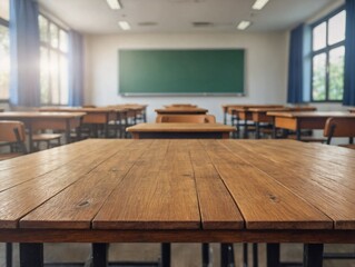 Wooden top with blurred empty classroom background can be used for mocking up or display product to make advertising.
