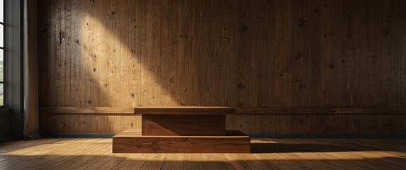 Minimal wood podium with with sunlight background. Minimal wooden stand for branding and packaging presentation