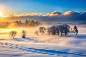 Sunrise over winter landscape with fog and snow-covered trees