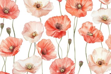 A vibrant floral pattern featuring delicate poppies in soft shades of peach and white, perfect for backgrounds and designs.