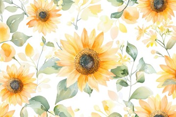 Obraz premium A vibrant watercolor pattern featuring cheerful sunflowers and delicate foliage, perfect for nature-themed designs.