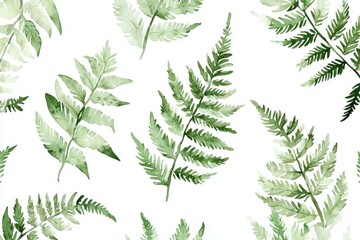 Beautiful watercolor ferns arranged on a white background, showcasing nature's elegance and vibrant greenery.