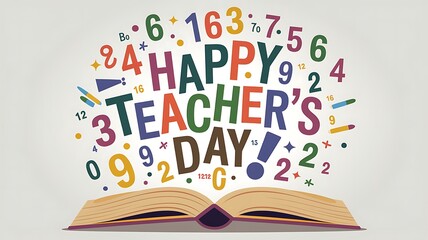 Open book with "Happy Teacher's Day" written in colorful letters surrounded by numbers and school supplies.
