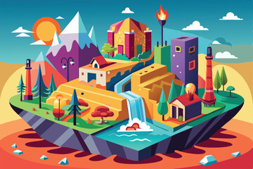 Obraz premium This artwork depicts a lively landscape with mountains, a waterfall, and distinctive structures under a bright sky, Customizable illustration that is departing and disproportionate.