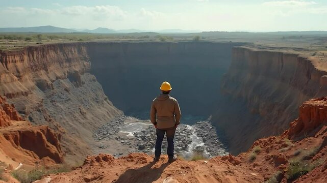 Worker Looking Over Large Open Pit Mine