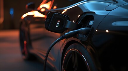 2. Detailed shot of a charging cable plugged into an EV, showcasing the texture of the cable and the shiny finish of the charger