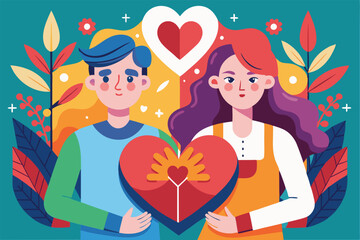 Fototapeta premium A couple showcases their love by holding a large heart, adorned with floral elements and bright colors, Customizable illustration that represents disproportionate love.