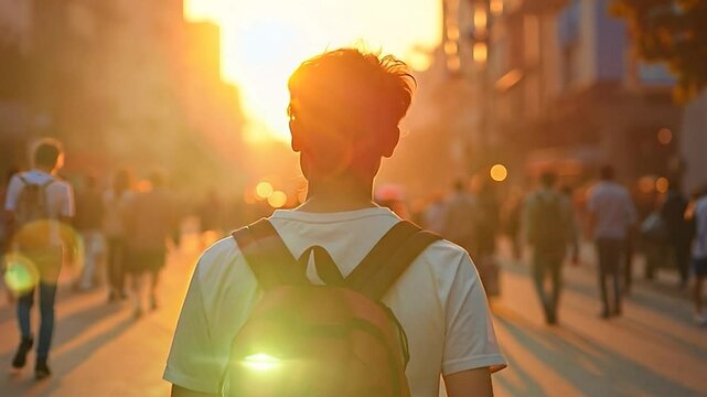 Man Walking into Sunset on Busy Street