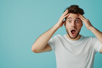 Surprised young man with beard in casual clothes looking away while standing over color background