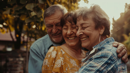 Obraz premium couple senior family smile and happy activity together, cuddling, warm hugs, senior or adult love, married couple, warm family. Husband and wife in love so fun in important days, celebrating