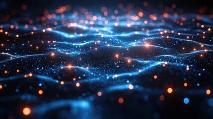 Fototapeta premium A dark abstract landscape featuring a cyberspace grid and starry outer space, creating a futuristic network visual.