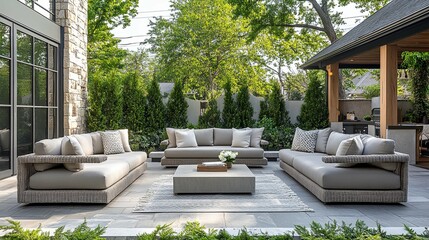 Modern Outdoor Patio with Three Couches and a Coffee Table
