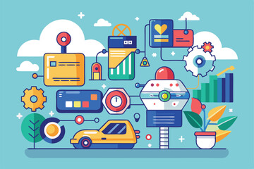 A colorful illustration depicting technology, automation, and customization elements in a workspace setting, Customizable illustration with autonomy and flat design.