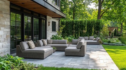 Patio Seating Area with Sectional Sofa and Green Lawn