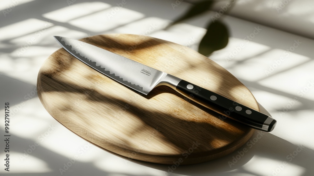 Wall mural sharp kitchen knife on cutting board