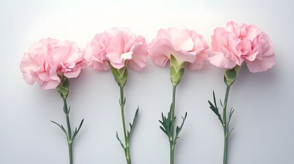 Obraz premium Soft pastel-colored carnations arranged neatly on a white backdrop, hyper real, high quality, sharp images, graphic, illustration