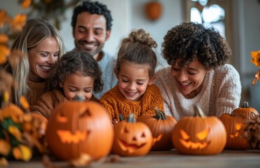 Fototapeta premium Children carving pumpkins at a table, parents watching with smiles, filled with joy
