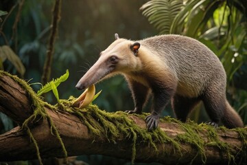 Anteater Foraging Near a Fallen Tree in a Dense Jungle