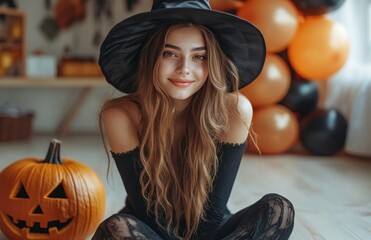 Happy young woman in witch costume with pumpkin and balloons, celebrating Halloween at home