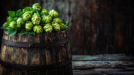 Green hops in a wooden barrel on a black wooden background, copy space. Brewing traditions, October fest, St. Patrick's day.