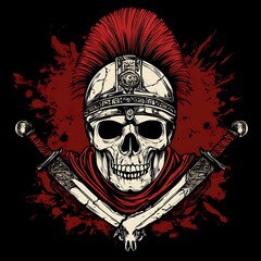 A Skull Wearing a Roman Helmet and Holding Two Swords